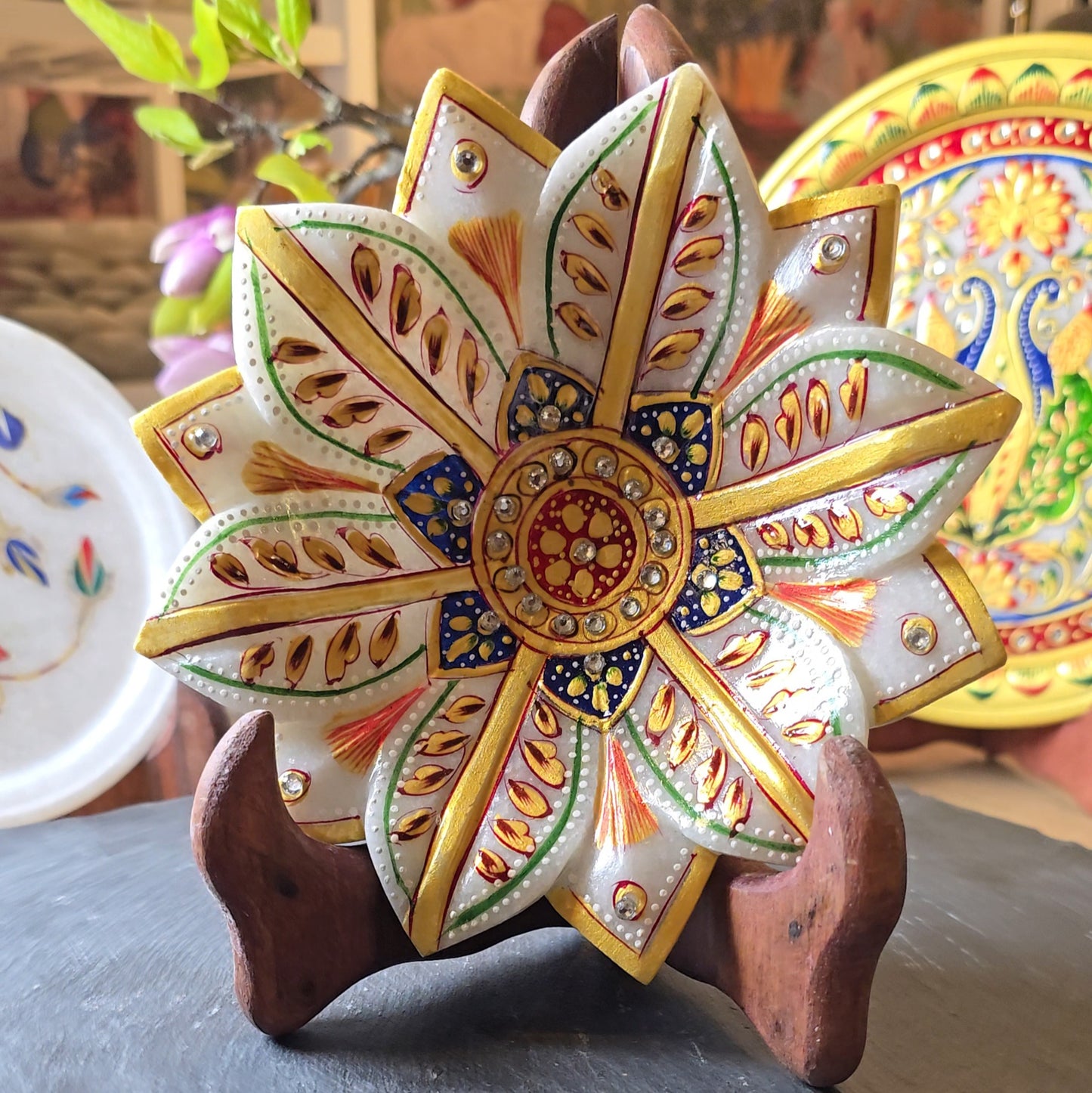 Hand-Carved Marble Lotus Plate- Small (Hand Painted)