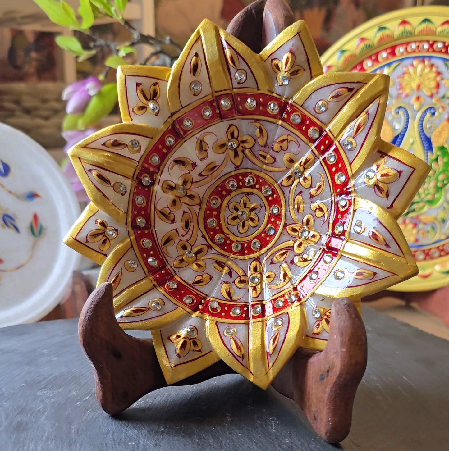 Hand-Carved Marble Lotus Plate- Small (Hand Painted)