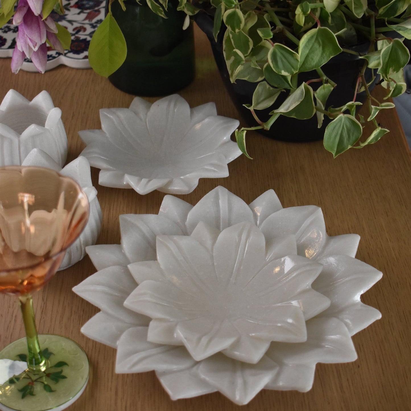 Hand-Carved Marble Lotus Plate- Small