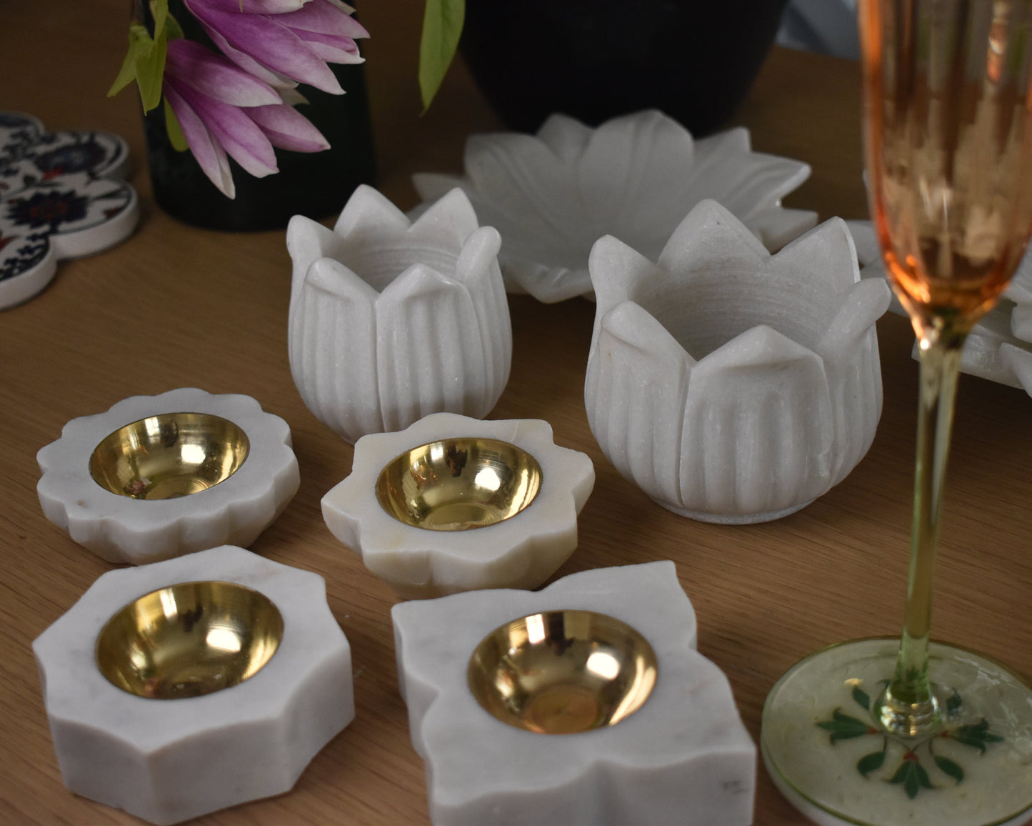 Marble & Brass Tea Light Holder - Set of 2