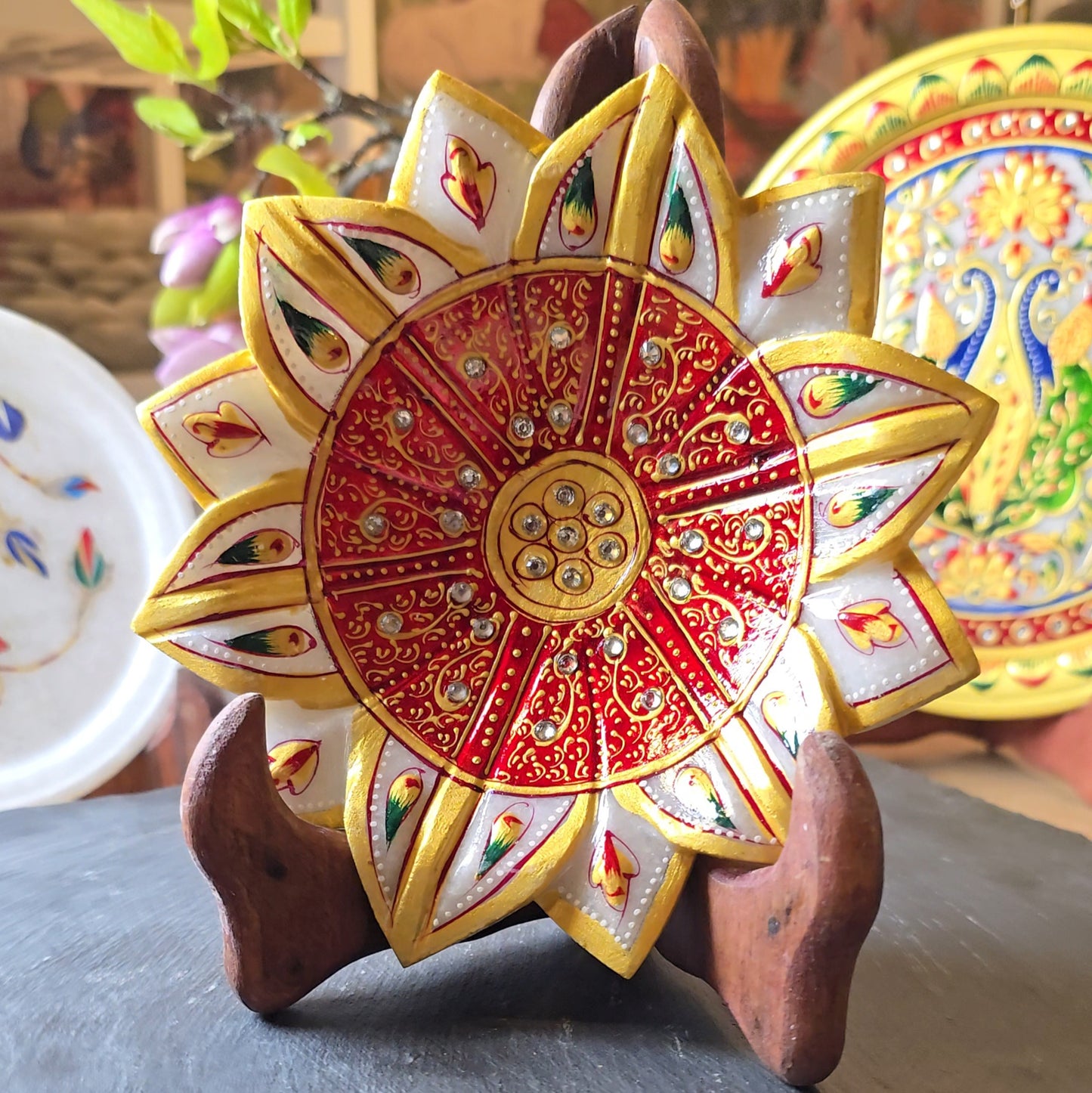 Hand-Carved Marble Lotus Plate- Small (Hand Painted)