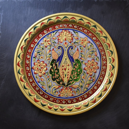 Hand-Painted Marble Plate – Peacock & Floral Motif