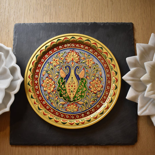 Hand-Painted Marble Plate – Peacock & Floral Motif